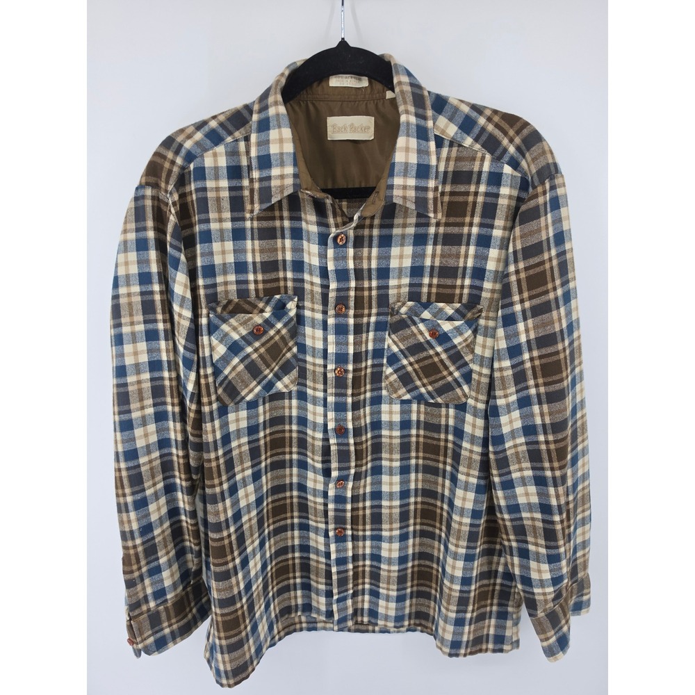 Back Packer MensPlaid Flannel Shirt L Blue Brown Acrylic Long Sleeve Button-Down